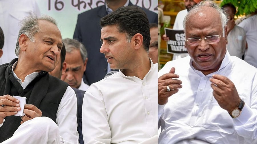 Rajasthan Chief Minister Ashok Gehlot, his bete noire Sachin Pilot and Mallikarjun Kharge. Credit: PTI Photo