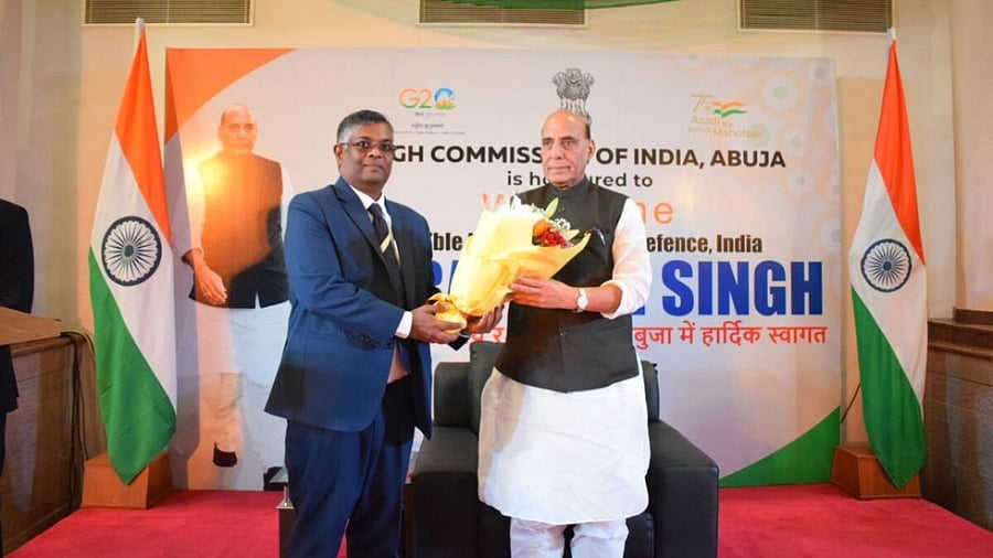 Defence Minister Rajnath Singh during an interaction with the Indian community in Nigeria at an event organised by Indian High Commission, in Abuja. Credit: IANS Photo