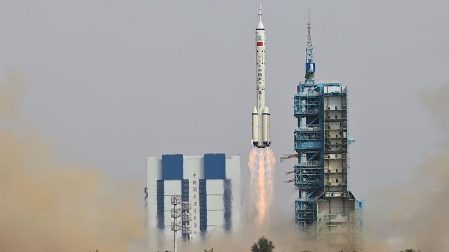 The Shenzhou-16 manned spaceship, atop a Long March-2F carrier rocket, blasts off from the Jiuquan Satellite Launch Center in northwest China. Credit: IANS Photo