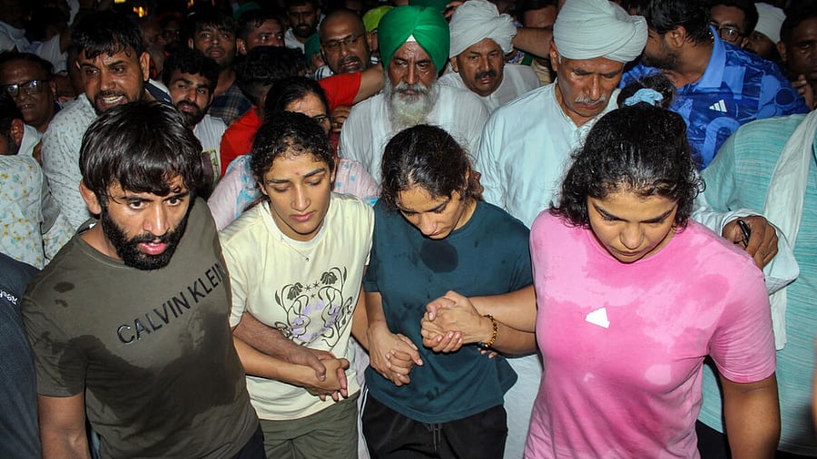 Protesting wrestlers in Haridwar. Credit: PTI Photo