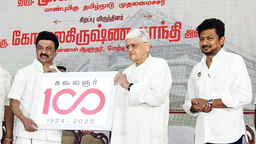 Tamil Nadu Chief Minister MK Stalin with former West Bengal governor Gopalkrishna Gandhi and others during the inaugural event of year-long celebrations to mark the birth centenary of former DMK president and former Tamil Nadu chief minister Karunanidhi. Credit: IANS Photo
