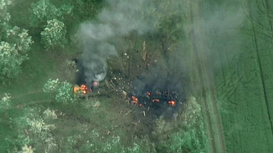 A drone image released by Freedom of Russia Legion shows, what they claim, is a destruction of Russian military targets, near Shebekino, Belgorod Region, Russia. Credit: Freedom Of Russia Legion/via REUTERS