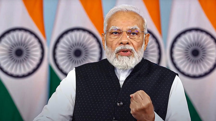 PM Narendra Modi delivers a video message on the 350th anniversary of the coronation of Chhatrapati Shivaji Maharaj, on Friday. Credit: PTI Photo