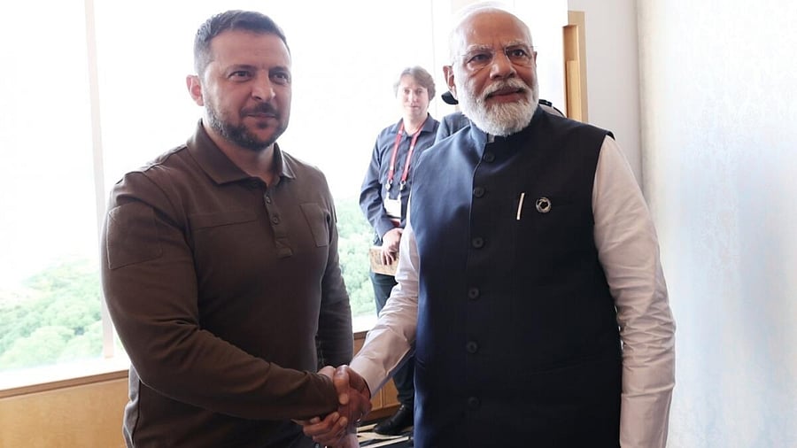 Prime Minister Narendra Modi with the Ukraine President Volodymyr Zelenskyy. Credit: IANS Photo