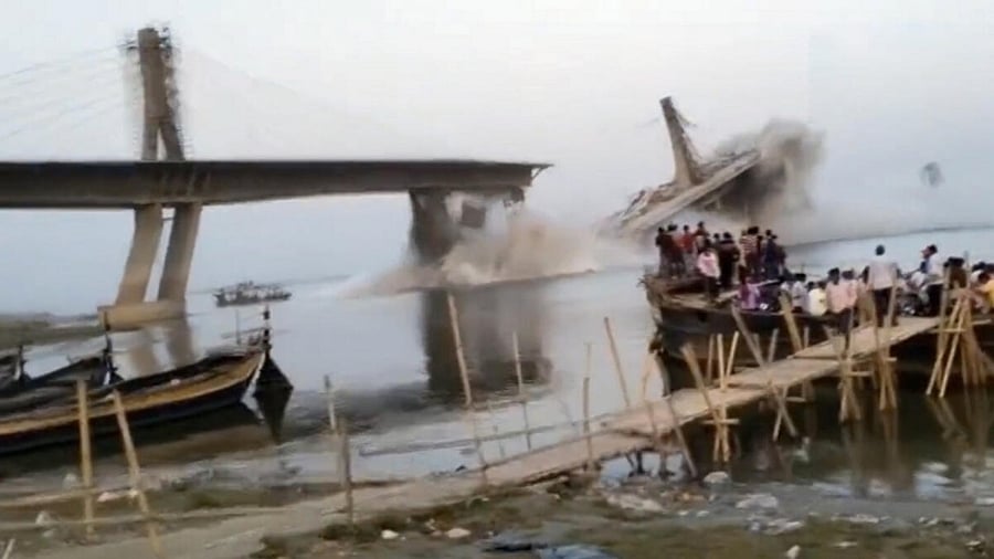 Bhagalpur: An under-construction Aguwani-Sultanganj Ganga bridge collapsed, in Bihar's Bhagalpur district, Sunday, June 4, 2023. Credit: PTI Photo
