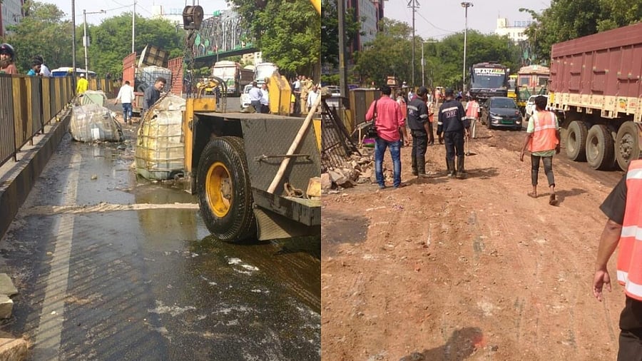At least eight containers of engine oil fell on the road from a truck carrying them and the oil spilled on the road near NMDC flyover. Credit: IANS Photo