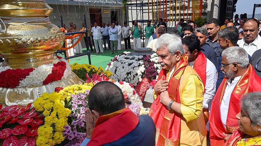 Union Minister for Culture and Tourism G. Kishan Reddy with Jammu and Kashmir Lt Governor Manoj Sinha and MoS Jitendra Singh during the inauguration of a Tirupati Balaji temple, in Jammu, Thursday, June 8, 2023. Credit: PTI Photo