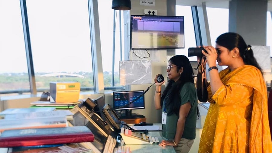 Female staff handling Air Traffic Service (ATS) in Hubballi Airport. DH File Photo
