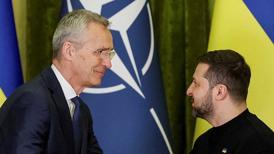NATO Secretary-General Jens Stoltenberg and Ukraine's President Volodymyr Zelenskiy attend a joint news briefing, amid Russia's attack on Ukraine, in Kyiv, Ukraine April 20, 2023. Credit: Reuters Photo