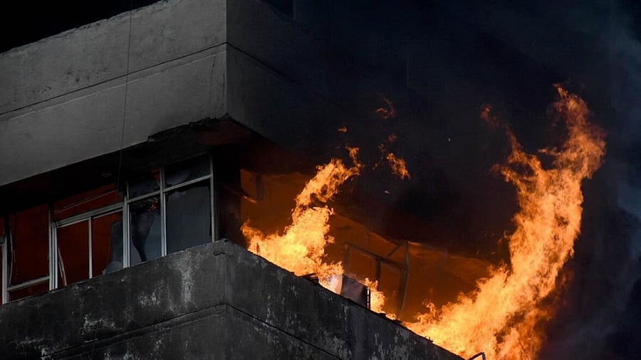 Fire bursts out of the third floor of Satpura Bhawan in MP's Bhopal. Credit: IANS Photo