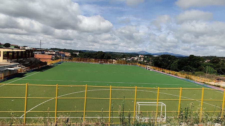 The hockey turf sanctioned by Hockey India way back in 2013 which was completed in 2021 has a deserted look without a single match being played so far. Credit: DH Photo