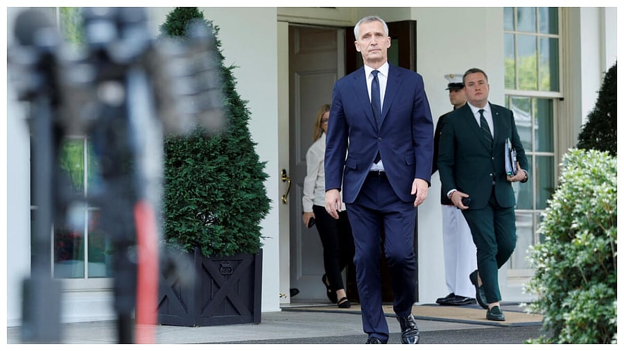 NATO Secretary General Jens Stoltenberg walks out from the West Wing to talk to reporters after meeting with US President Joe Biden at the White House in Washington, June 13, 2023. Credit: Reuters