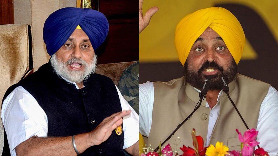 Chief Minister Bhagwant Mann (R) and Shiromani Akali Dal chief Sukhbir Singh Badal. Credit: PTI Photos