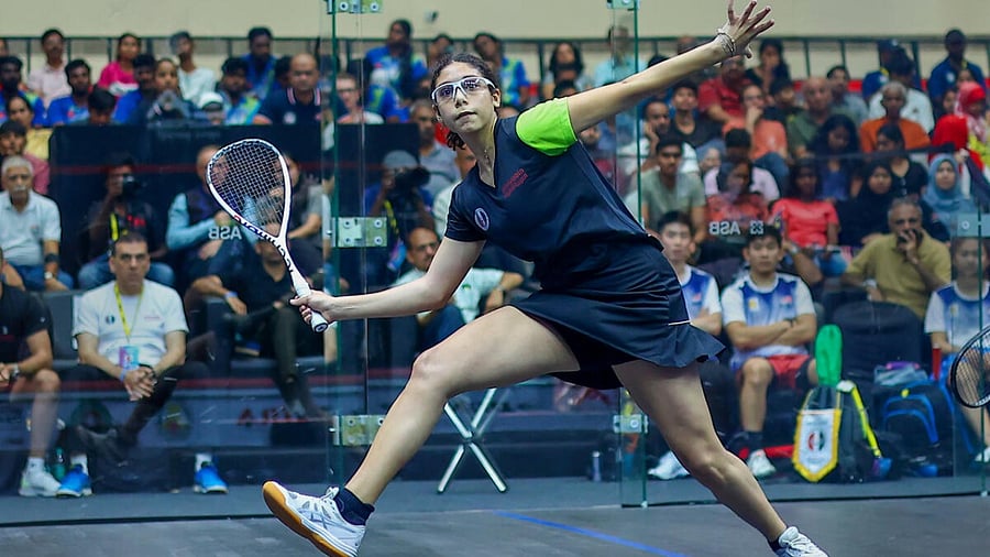 Egypt's Fayrouz Abouelkheir in action during their team final match, at World Squash Federation (WSF) World Cup 2023, in Chennai. Credit: PTI Photo