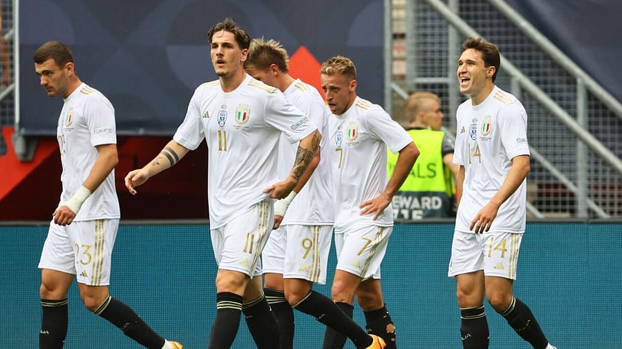 Italy's Federico Chiesa (R) celebrates scoring their third goal with Nicolo Zaniolo, Mateo Retegui and Davide Frattesi. Credit: Reuters Photo