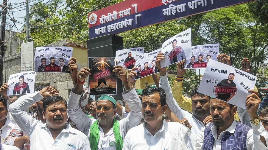 Lucknow: People protest against the 'Adipurush', and demand a ban on the film, at Hazratganj Police Station, in Lucknow, Monday, June 19, 2023. Credit: PTI Photo