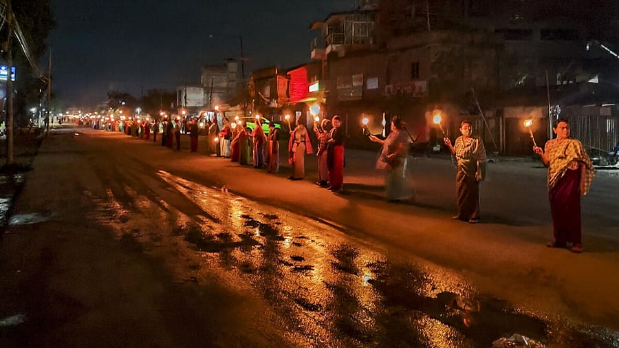 Women protest over Manipur violence. Credit: PTI Photo