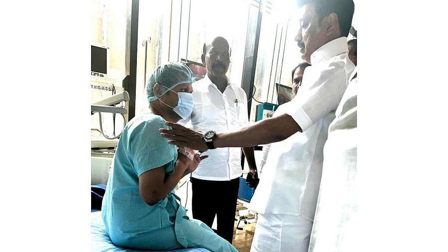 Tamil Nadu CM MK Stalin meets V Senthil Balaji, who has been admitted to the hospital after he fell ill during an ED raid at his place. Credit: IANS Photo