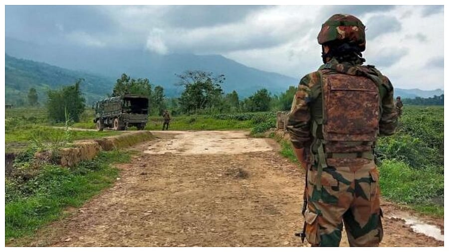 Security officials patrol in the violence-hit area at Irengbam village of Bishnupur district in Manipur on June 19 ,2023. Credit: IANS Photo