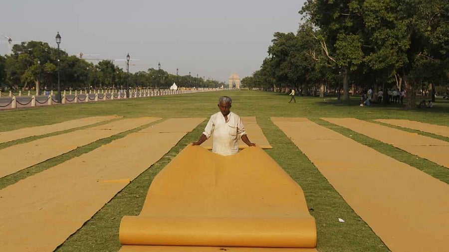 New Delhi: Preparations underway ahead of the 'International Day of Yoga' at Kartavya Path, on Tuesday, June 20, 2023. Credit: IANS Photo