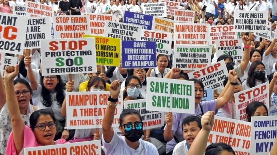 People from Meitei Community stage a protest against the ongoing violence in Manipur at Jantar Mantar, in New Delhi. Credit: IANS File Photo 
