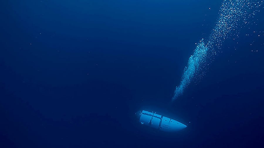 The Titan submersible, operated by OceanGate Expeditions to explore the wreckage of the sunken SS Titanic off the coast of Newfoundland, dives in an undated photograph. Credit: OceanGate Expeditions/Handout via Reuters Photo