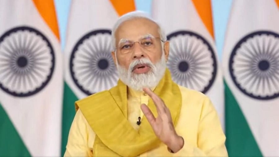 Prime Minister Narendra Modi delivers a video message on the International Day of Yoga, on Wednesday, June 21, 2023. Credit: Twitter/@narendramodi