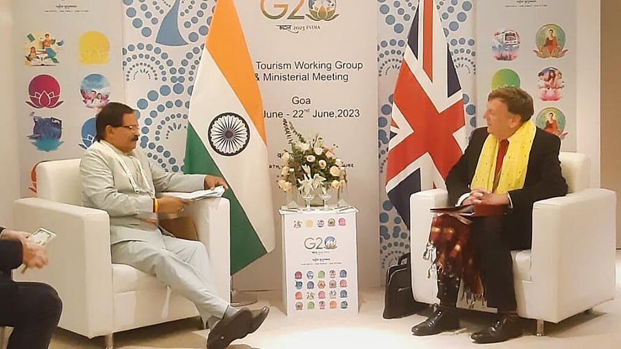 Union Minister of State for Ports, Shipping & Waterways and Tourism Shripad Y. Naik and Minister of Tourism of UK John Whittingdate at a bilateral meeting on the sidelines of the G20 Tourism Working Group meeting, in Panaji. Credit: PTI Photo