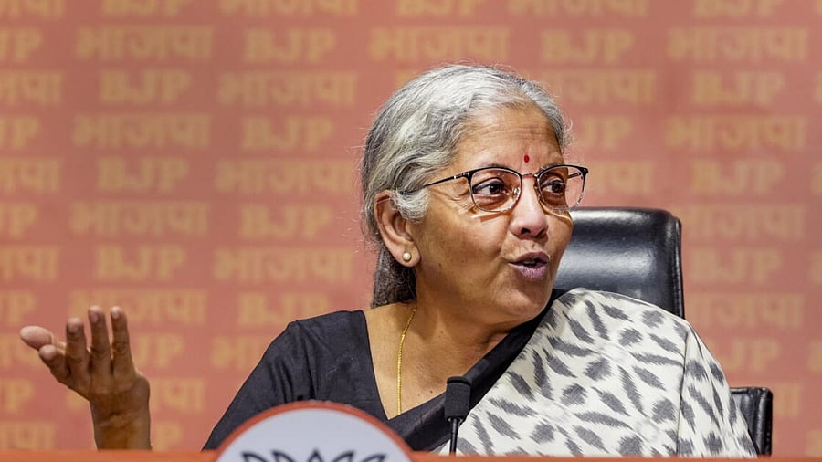 Union Finance Minister Nirmala Sitharaman addresses a press conference at BJP headquarters, in New Delhi. Credit: PTI Photo