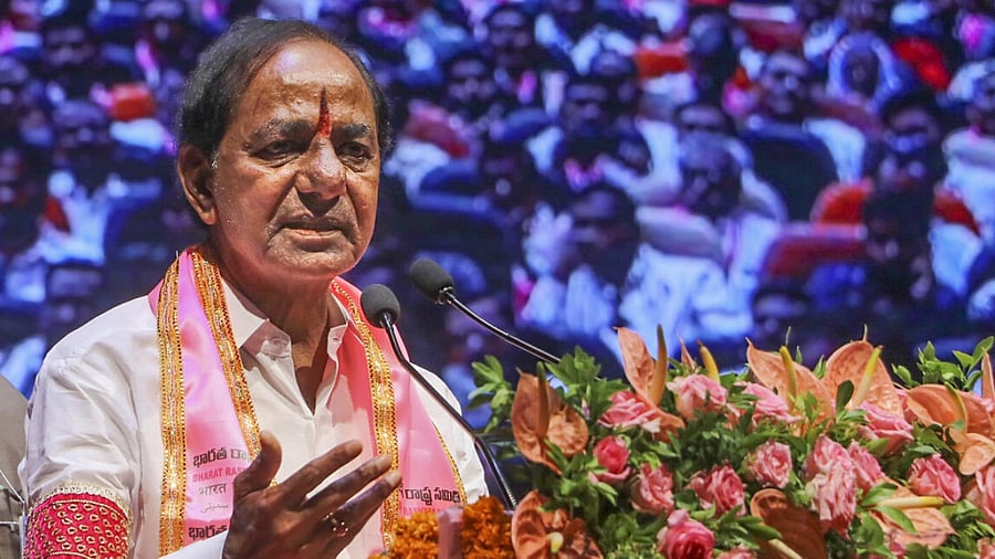 Telangana Chief Minister K Chandrasekhar Rao during a public meeting ‘Abki Baar Kisan Sarkar’. Credit: PTI Photo