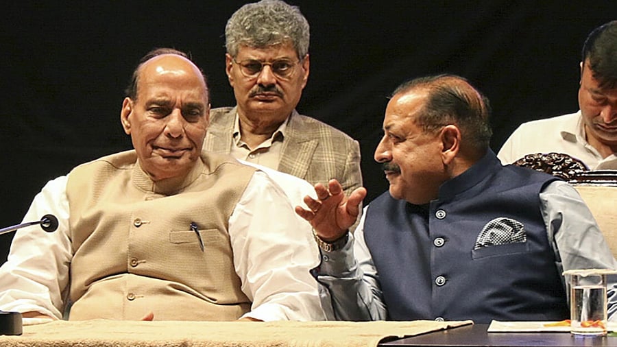 Defence Minister Rajnath Singh with Union Minster Jitender Singh during a ‘National Security Conclave', at Zorawar Singh Auditorium in Jammu. Credit: PTI Photo