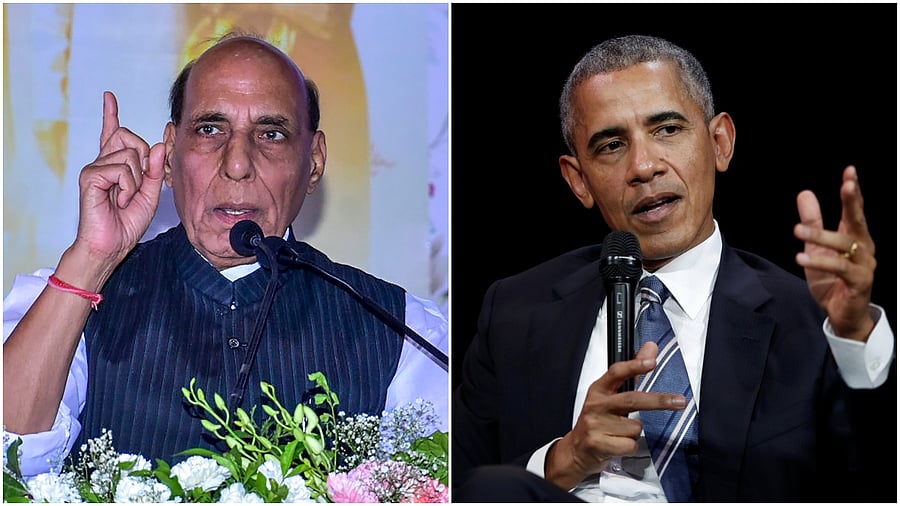 Indian Defence Minister Rajnath Singh (L) and former US President Barack Obama (R). Credit: PTI, Reuters File Photos