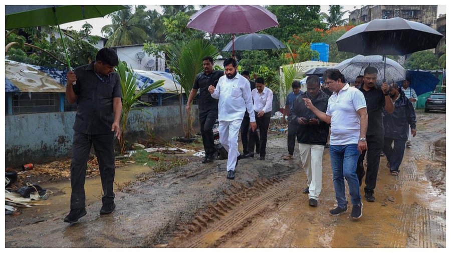 Maharashtra Chief Minister Eknath Shinde visits the flood-affected areas after the city received its first heavy rainfall with the onset of monsoon, in Mumbai, Sunday, June 25, 2023. Credit: PTI Photo