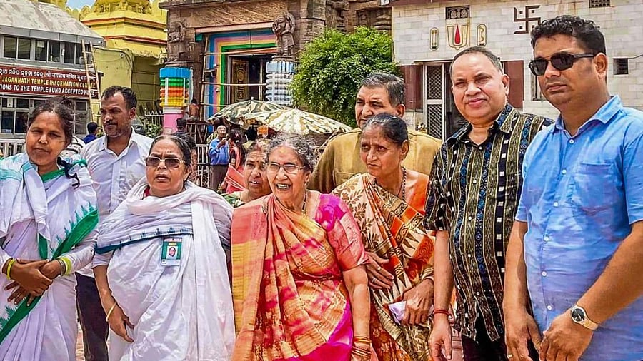 Jashodaben, wife of Prime Minister Narendra Modi, at Jagannath Temple in Puri, Tuesday, June 27, 2023. Credit: PTI Photo