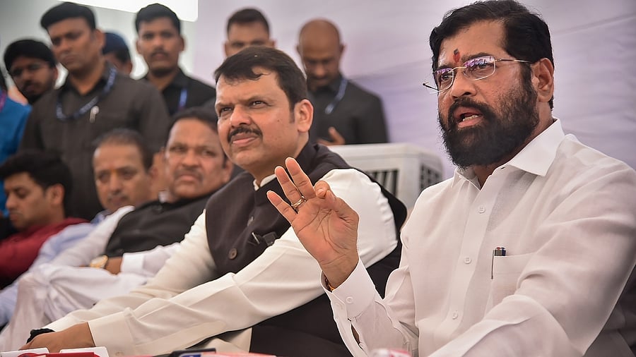Maharashtra Chief Minister Eknath Shinde with Deputy Chief Minister Devendra Fadnavis. Credit: PTI File Photo