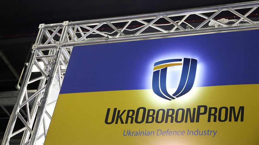 Ukrainian UkrOboronProm logo is pictured at their stand inside a hall of the 30th International Defence Industry Exhibition in Kielce, Poland September 5, 2022. Credit: Reuters Photo