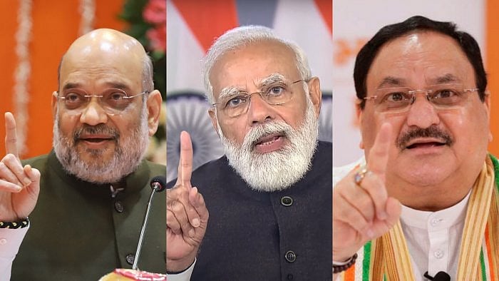 Union Home Minister Amit Shah, Prime Minister Narendra Modi, BJP chief J P Nadda. Credit: PTI Photos