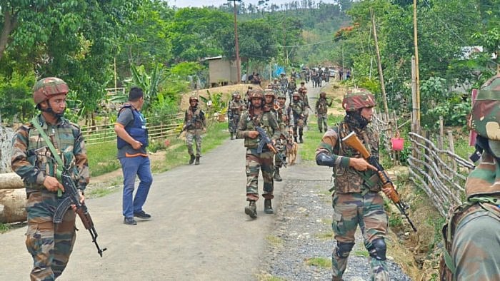 Indian army soldiers patrol during a security operation in hill and valley areas in Manipur. Credit: Reuters File Photo