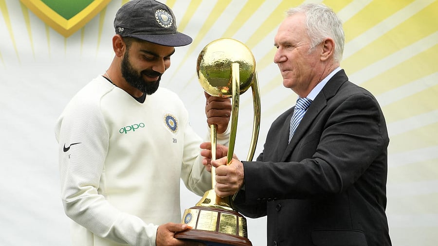 Allan Border with Virat Kohli in 2019. Credit: Reuters File Photo