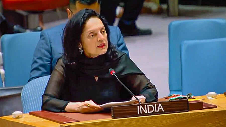 India’s Permanent Representative to the United Nations Ruchira Kamboj speaks during the United Nations Security Council (UNSC) meeting, in New York, USA. Credit: PTI File Photo