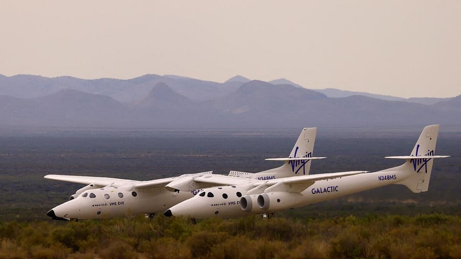 VMS Eve, operated by Virgin Galactic, returns after the company's first commercial flight to the edge of space, at the Spaceport America facility. Credit: Reuters Photo
