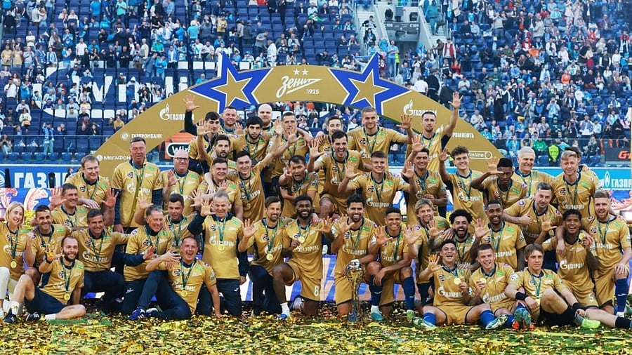 Zenit St Petersburg players celebrate with the trophy after winning the Russian Premier League. Credit: Reuters Photo