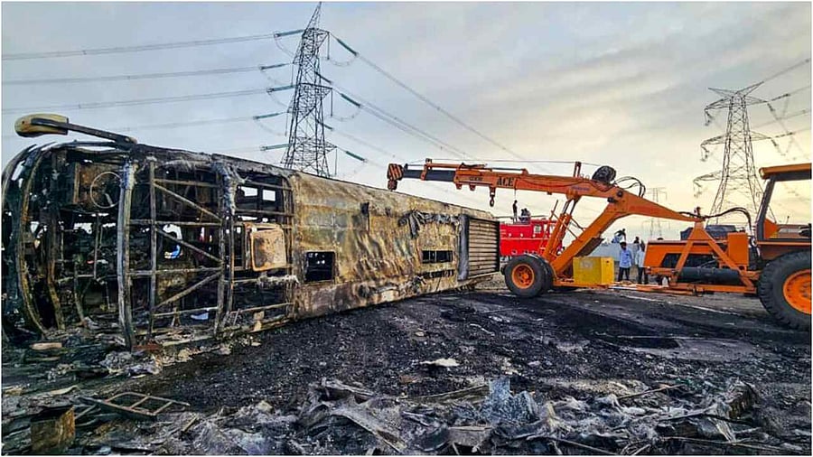 Rescue and relief work underway after a bus met with an accident and caught fire killing at least 25 passengers and injuring many othedrs on the Samruddhi Expressway in Maharashtra's Buldhana district, Saturday, July 1, 2023. Credit: PTI Photo