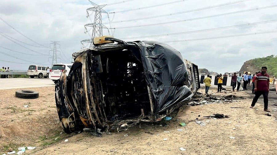 Charred remains of a bus that met with an accident and caught fire killing at least 25 passengers and injuring many others, in Buldhana district. Credit: PTI Photo