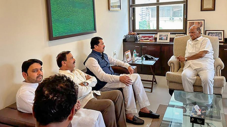 NCP chief Sharad Pawar in a meeting with Maharashtra Pradesh Congress Committee President Nana Patole and others, at YB Chavan Center in Mumbai. Credit: PTI Photo