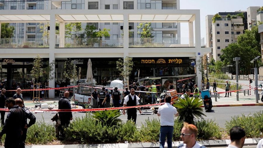 Israeli security personnel and medics work at the scene of a ramming attack in Tel Aviv, Israel July 4, 2023. Credit: Reuters Photo
