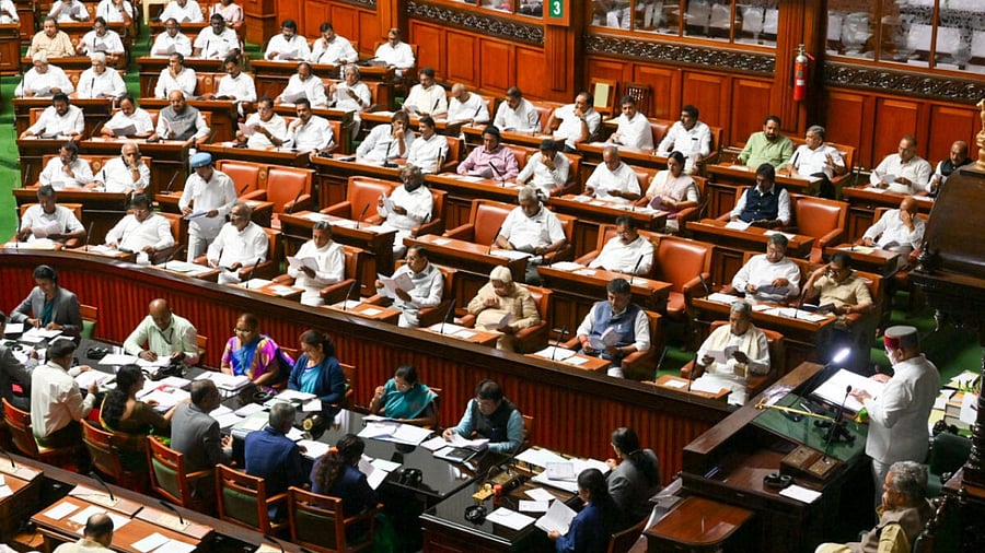 Karnataka Governor Thaawar Chand Gehlot addresses the joint session of state assembly, at Vidhana Soudha in Bengaluru on Monday. Chief Minister Siddaramaiah Speaker UT Khader Farid, Karnataka Legislative Council Speaker Basavaraja Horatti, and others are present. Credit: DIPR Photo