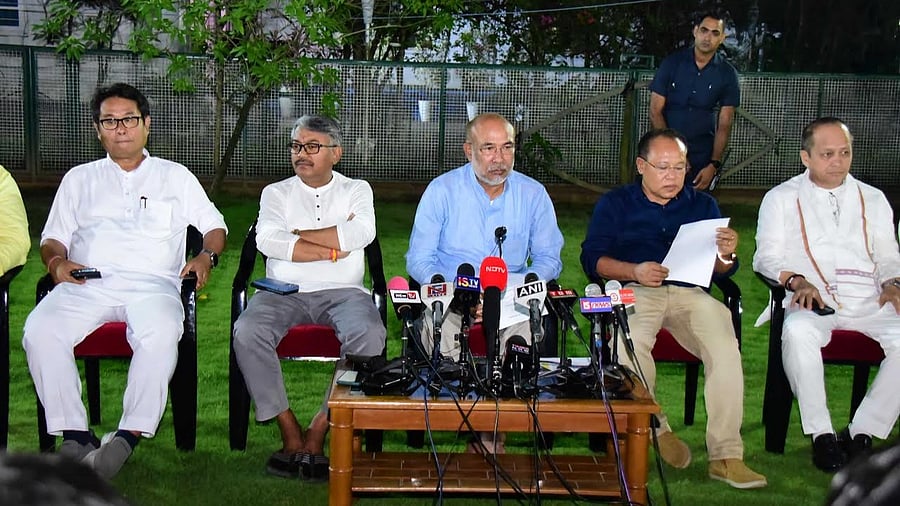 N Biren Singh addressing a press conference at CM bungalow in Imphal on Monday. Credit: Manipur government