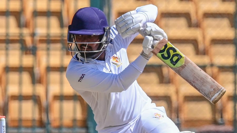 S J Nikin Jose of Karnataka Cricket player in action, he score 106 runs in Karnataka vs Saurashtra Ranji Trophy cricket semifinal at the M Chinnaswamy Stadium in Bengaluru on Sunday, 12th February 2023. Credit: DH Photo/ S K Dinesh