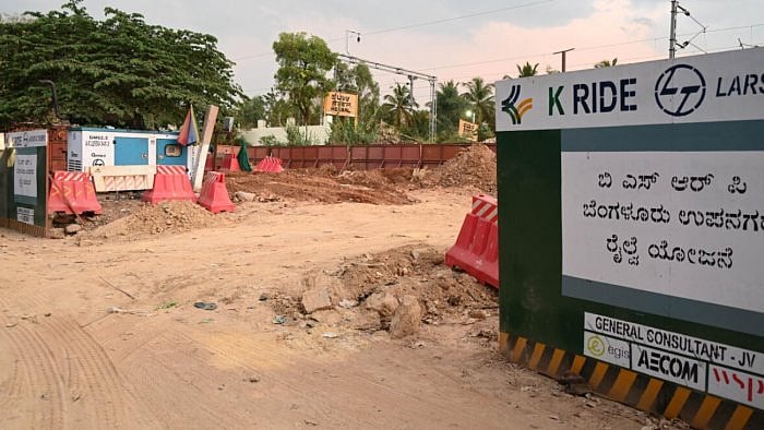 The suburban railway work is in progress near the Hebbal train station. Credit: DH Photo/B K Janardhan